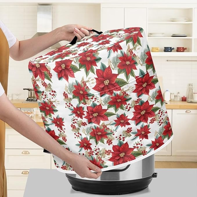 Dust Cover for Kitchen Instant Pot, for 6 Quart Pressure Cooker Air Fryer Rice Cooker Kitchen Appliance Dust Protection with Storage Pocket Christmas Decoration, Red Poinsettia Flower