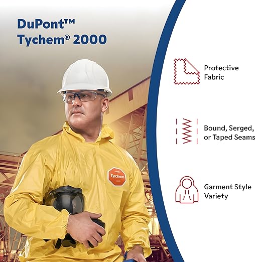 DuPont Tychem 2000 QC275B 44-Inch Sleeved Apron with Elastic Cuffs, Neck Loop, Snaps, Waist Ties and Bound Seams, Yellow, 2X-Large (Pack of 25)