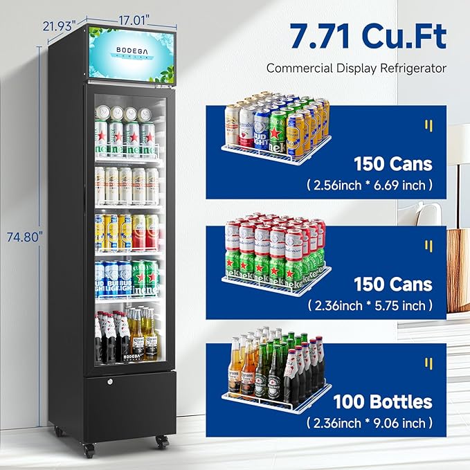 BODEGACOOLER Commercial Refrigerators, Drink Fridge with Glass Door, Tall Beverage Cooler, Single Door Display Refrigerator, for Beer, Soda, 7.71 Cu.ft Capacity