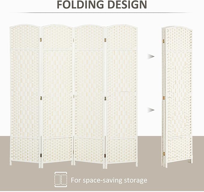 HOMCOM 4 Panel Room Divider, 6' Tall Folding Privacy Screen, Woven Freestanding Wall Partition for Home Office, Bedroom, White
