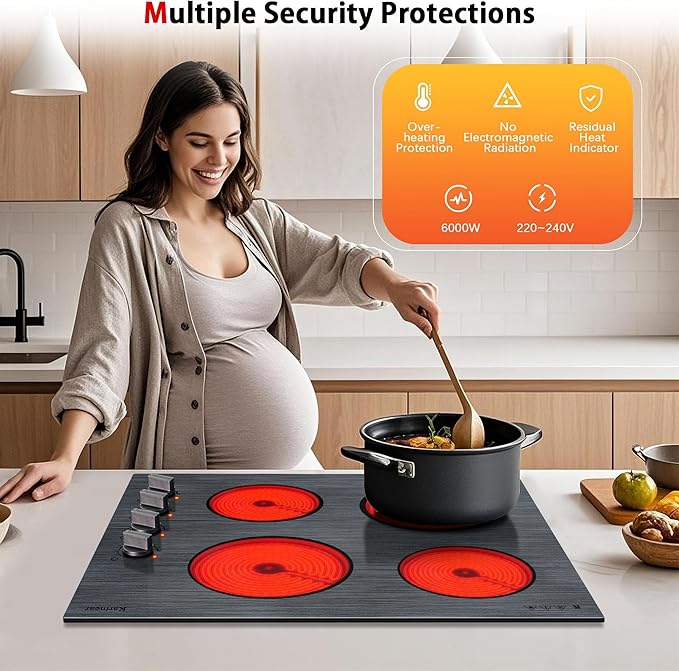 Karinear Electric Cooktop 24 Inch, 4 Burners Electric Stove Knob Control, Built-in Ceramic Cooktop with Beautiful Woodgrain Pattern Glass Surface, 6000W, 220-240v Hard Wired(No Plug)