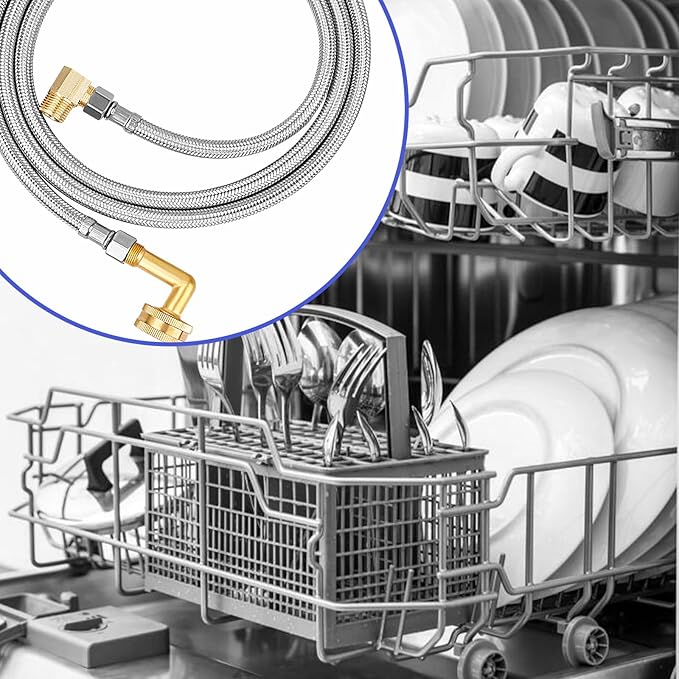 Dishwasher Installation Kit, Braided Stainless Steel Dishwasher Connector, 6 FT Water Supply Line with 3/8 Inch Compression Ends, 3/8 Inch MIP Elbow and 3/4 Inch FHT Elbow, Short Distance Connection