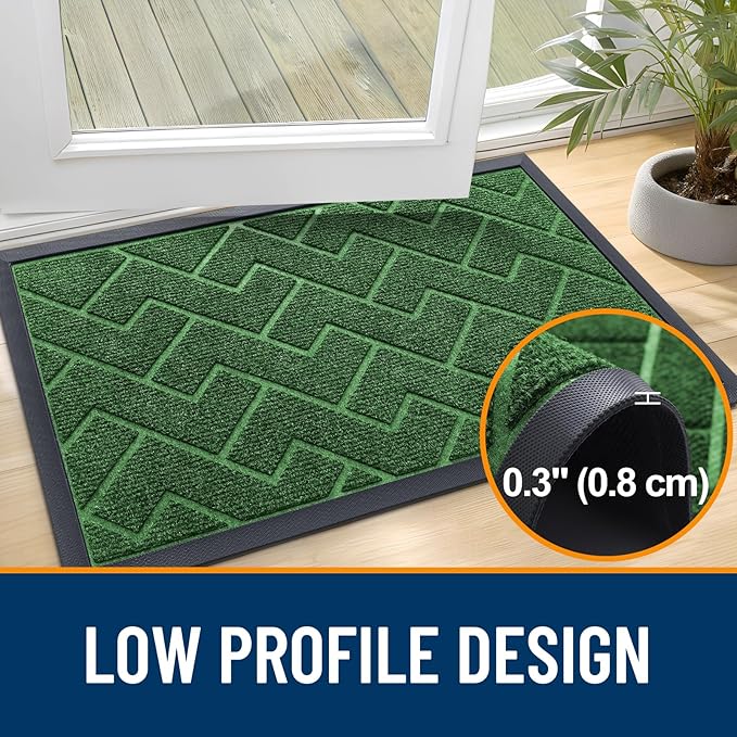 OLANLY Front Door Mat Indoor Outdoor Entrance, Waterproof All-Season, All-Weather Doormat, Sturdy Natural Rubber, Low Profile, Easy Clean Patio Porch Entryway Mat, Herringbone Brick (Green, 47x32)