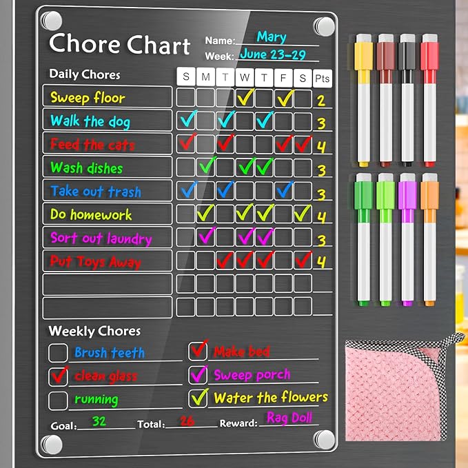 Acrylic Magnetic Chore Chart for Kids,Chores Chart for Fridge Refrigerator,Dry Erase Behavior Chore Chart for Multiple Kids,Reward Chart for Multiple Kids Teens Adults Family,8"x12" (White-1 Pack)