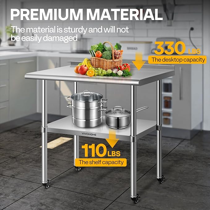 VIVOHOME 24 x 36 Inch Stainless Steel Work Table with Backsplash, Prep Commercial Table with Wheels for Restaurant, Hotel, Home and Warehouse