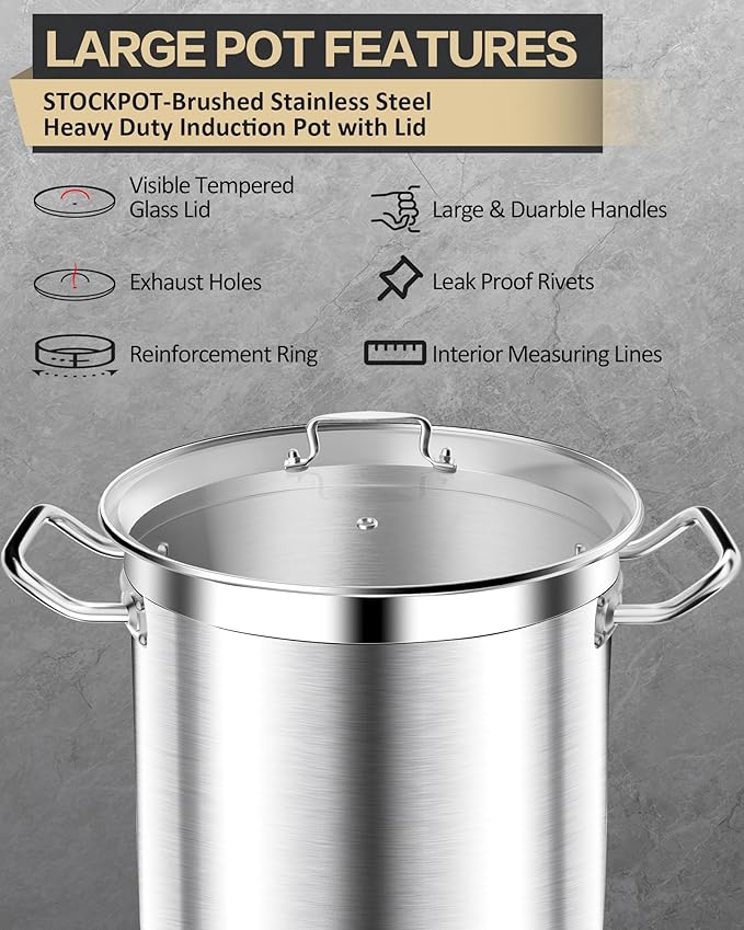 Stainless Steel 20 Quart Stockpot with Tempered Glass Lid, 3-Ply Base, 8.8 lbs, Polished Finish, Suitable for Stovetop and Oven, Dishwasher Safe
