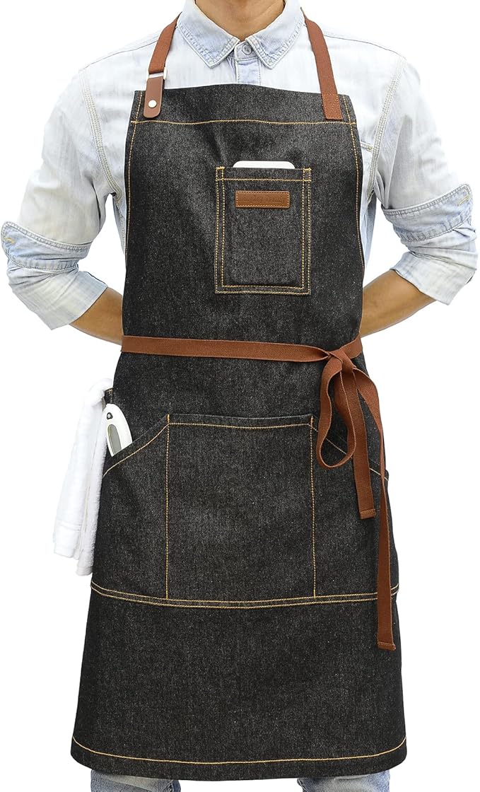 Apron with Pockets, Mens Womens Chef Bib Apron for Kitchen Cooking Grill BBQ Baking Server with Towel Loop