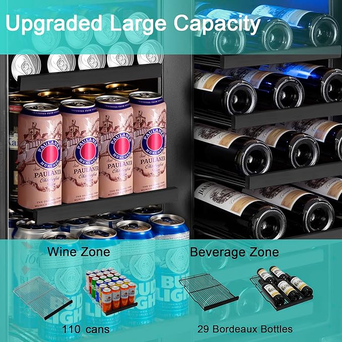 30'' Wine and Beverage Refrigerator, Upgrade Dual Zone Wine Cooler, 30 Inch Wine beverage Fridge Built in or Freestanding Under Counter Large Capacity Glass Door Advanced Cooling System,Black