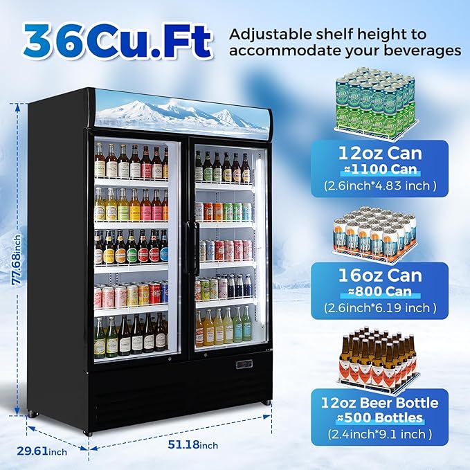 36 Cu Ft Commercial Beverage Refrigerator with 2 Glass Doors - Upright Drink Cooler Merchandiser with LED Light Display, 8 Adjustable Shelves, Black, ETL Approved for Business & Retail