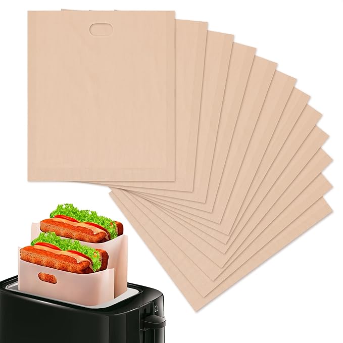 12Pcs Non-Stick Toaster Bags Reusable – 6.7"x7.5" Grilled Cheese Bags, Heat-Resistant & Easy to Clean | Mess-Free Toasting, Sandwiches, Panini & More | Compatible with Toaster, Oven, Microwave & Grill