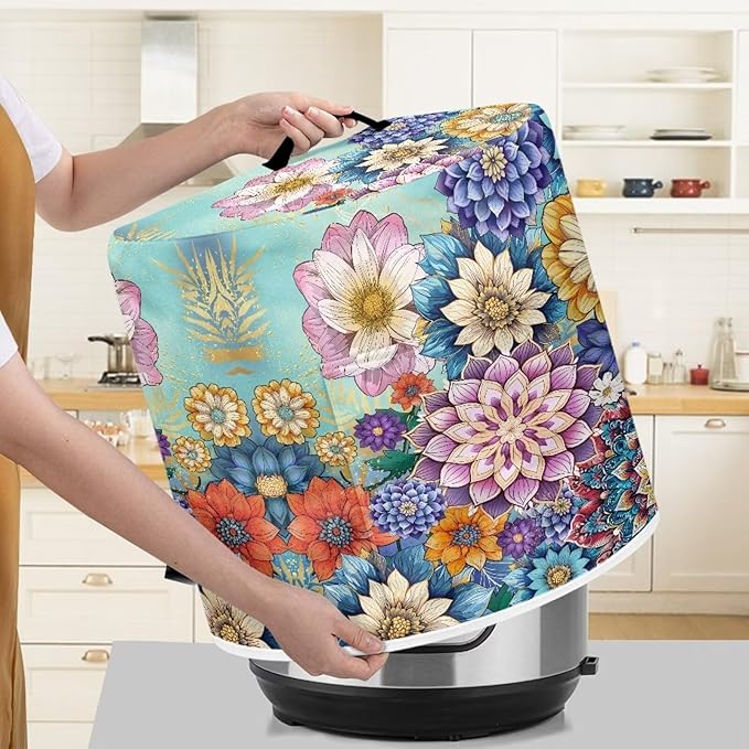 TODIYADDU Colorful Boho Mandala Pressure Cooker Cover with Handle and Storage Pocket for Extra Accessories Portable Kitchen Small Appliance Dust Cover Protective Case Cover for Air Fryer Toaster
