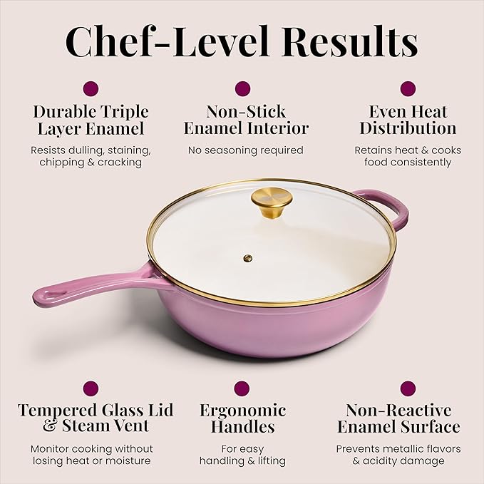 Chef Joe Sasto Chef’s Pan with Tempered Glass Lid, Deep Saute Pan, Enameled Cast Iron, Professional Cookware for Searing, Sautéing & Braising, Induction Compatible, Oven Safe, Dishwasher Safe