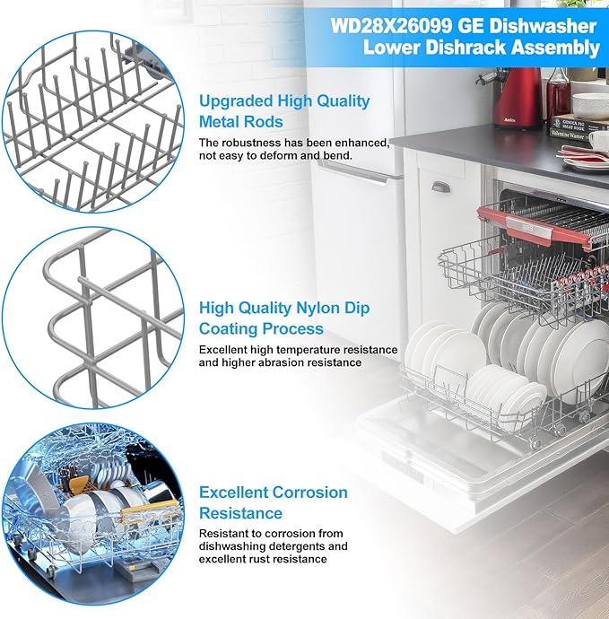 UPGRADED WD28X26099 WD28X34744 Dishwasher Lower Rack Compatible with GE Dishwasher Rack Replacement Parts WD28X24396 WD28X22659 WD28X28918 GDF510PSM0SS GDF510PSD1SS GE Dishwasher Rack Parts with Wheel
