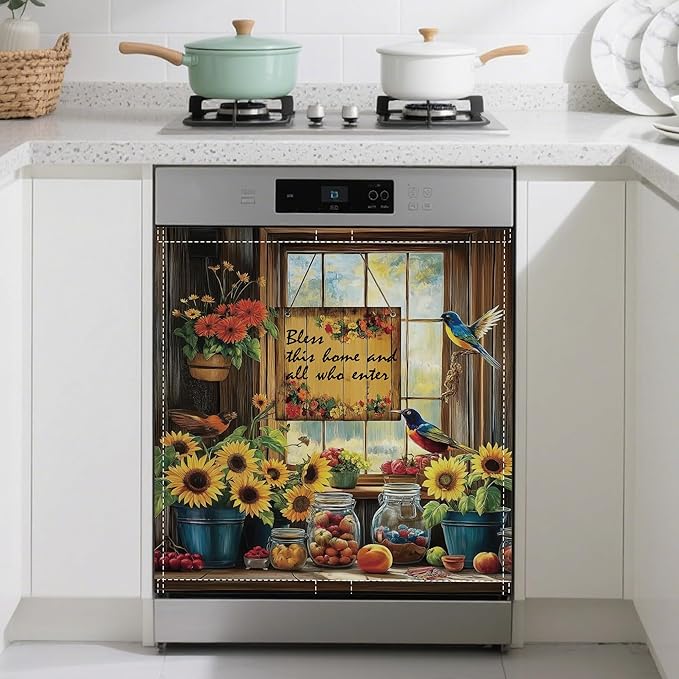 Dishwasher Magnet Cover,Sunflower Birds Dishwasher Cover Magnetic Fruits Home Appliances Refrigerator Decorative 23" x 26"