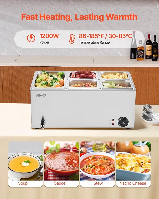 VEVOR 5-Pan Commercial Food Warmer, 24QT Electric Steam Table, 1200W Professional Countertop Stainless Steel Buffet Bain Marie with 86-185°F Temp Control for Catering and Restaurants, Silver