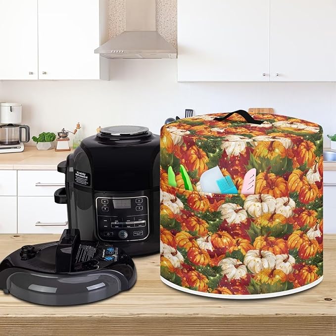 6 Quart Pressure Cooker Dust Cover with Top Handle and Storage Pockets Kitchen Appliance Protector Cover for Air Fryer Rick Cooker Pumpkins Maple Leaf Thanksgiving Day Decor