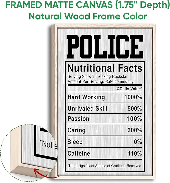 Police Poster & Framed Canvas, Police Nutritional Facts - Funny Home Office Decor, Bedroom Living Room Aesthetic Wall Art Gift For First Responder, Peace Officer, Policeman, Policemen