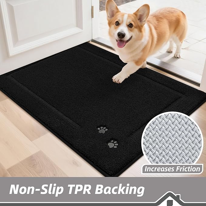 BEQHAUSE Dog Door Mat for Muddy Paws 24"x36" Dirt Trapper Absorbent Doormat Non Slip Entryway Rugs Washable Stain Resistant Welcome Floor Mat Soft Low-Profile for Front Back Door, Black