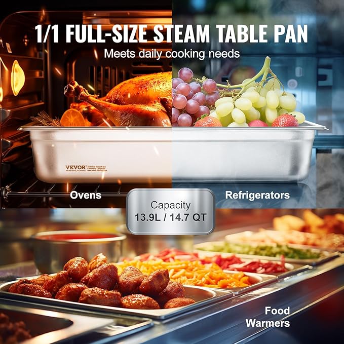 VEVOR 6 Pack Stainless Steel Hotel Pans,Full Size 4 Inch Deep 0.8mm Thick Anti-Jam Commercial Food Pans for Steam Tables, Restaurants, Catering & Industrial Use