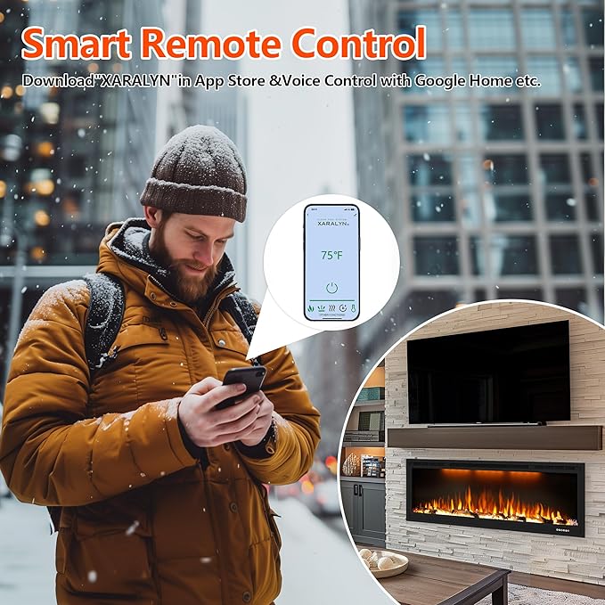 74 inch Electric Fireplace, Smart Fireplace Insert recessed in Wall and Wall Mounted fire Place Heater with Metal Frame, Multicolor Flame & Realistic logs，Thermostat& Timer, 1500W, Black