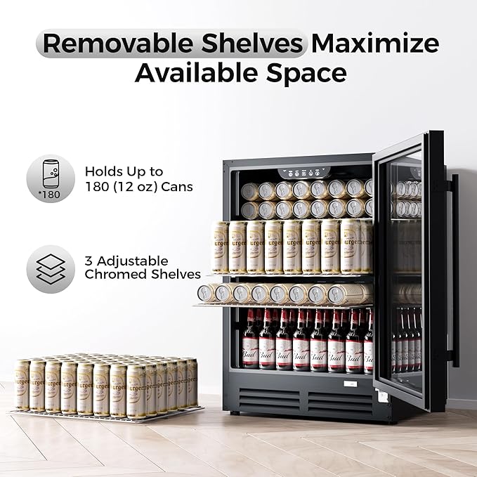 Coolake 24 Inch Wide Under Counter Beverage Refrigerator, 180 Can Capacity Beverage Cooler with Glass Door, Built in or Freestanding, Drink Fridge for Basement, Kitchen, Office