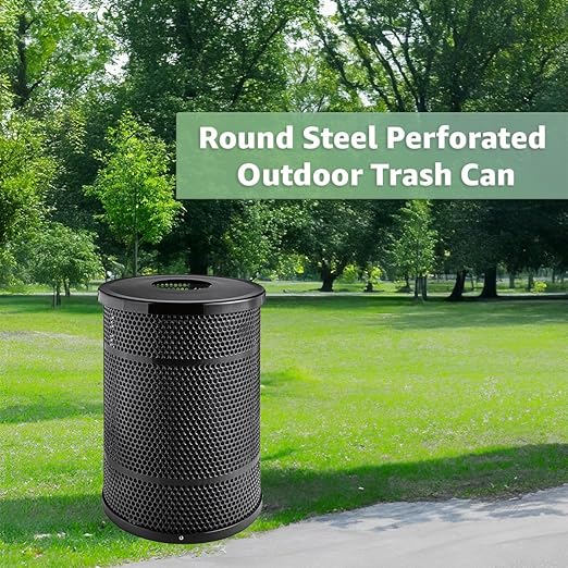 55 Gallon Perforated Recycle Container with Flat Lid, Steel Outdoor Heavy-Duty Commercial Trash Can, Black Round Waste Bin, Durable Garbage Can for Municipalities, Schools, Parks, Parking