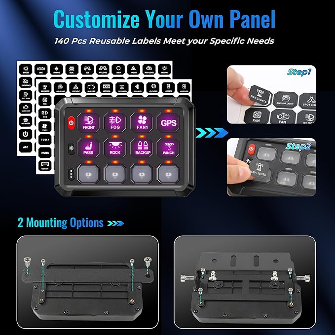 RGB 12 Gang Switch Panel,12-24V Bluetooth APP 230FT 433M Long Range, Auxiliary Backlit Off Toggle Flash Multifunction Toggle Switch Momentary Circuit Control Relay System Box Universal for Car