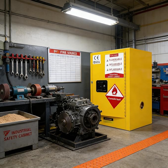 32 Gallon Flammable Liquid Storage Cabinet Fireproof Metal Cabinet with 3 Point Lock, Adjustable Shelves for Industrial, Scientific, Warehouse Use Yellow