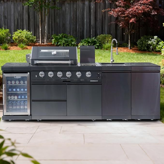 104 Inch Deluxe Stainless Steel Propane Gas Outdoor Kitchen Island Grill - 4-Burner 72000 BTU, 4 modular units for flexible and versatile combinations, Black