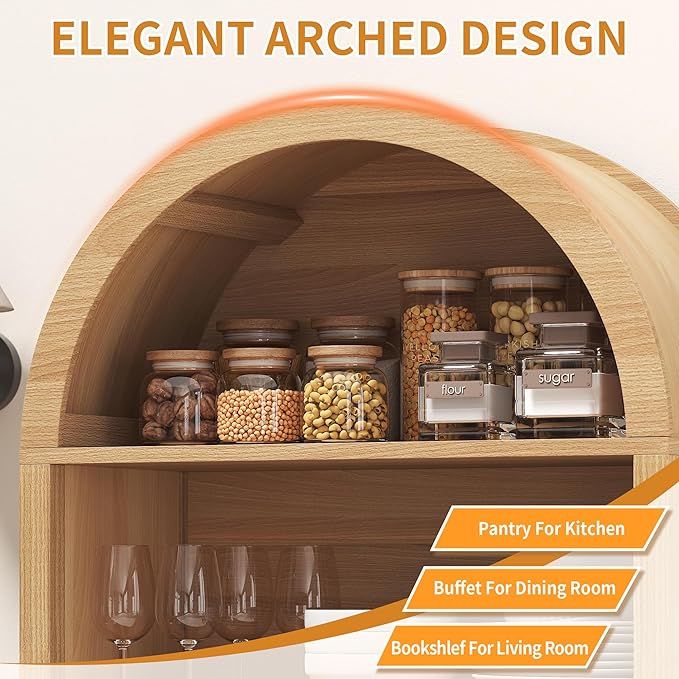 71" Tall Arched Cabinet with Storage, Farmhouse Arched Display Bookcase Cabinet with Door and Adjustable Shelves, Arch Bookshelf Storage Pantry Cabinets for Living Room, Kitchen