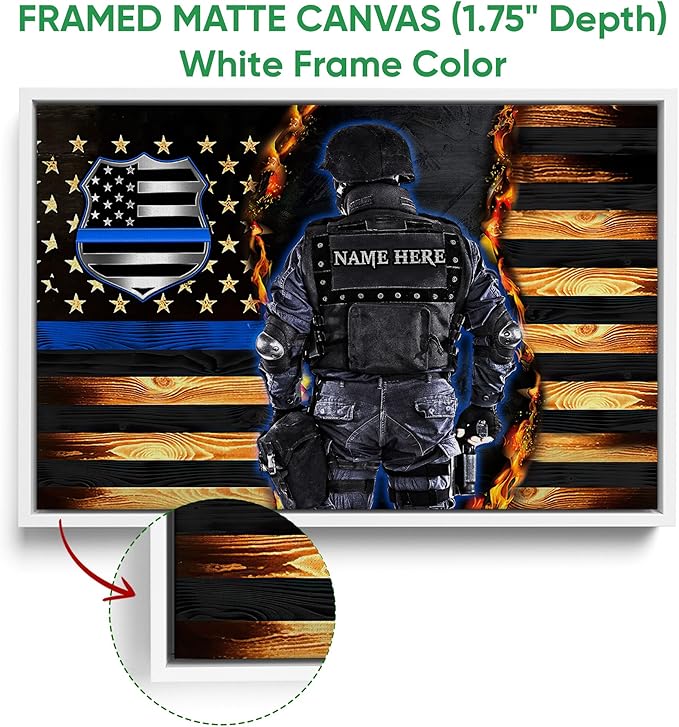 Personalized Police Poster & Framed Canvas, Proud Thin Blue Line Flag Patriotic Home Office Decor, Custom Name Bedroom Living Room Aesthetic Wall Art Gift For Policeman, Law Enforcement