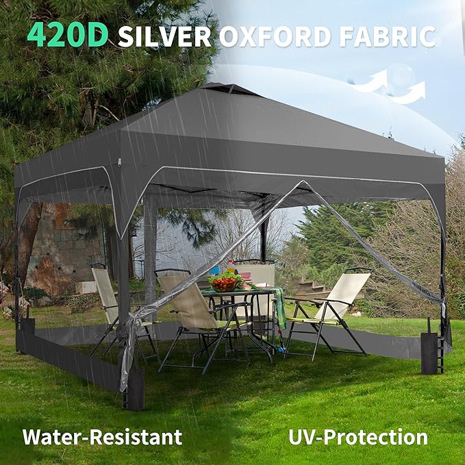 Saemoza 12x12 Pop Up Canopy Tent with One Push Setup, Outdoor Sun Shade Canopy for Backyard Party, Easy Up Instant Shelter with 4 PVC Transparent Sidewalls, 4-Sandbags & Wheel Bag, Grey.