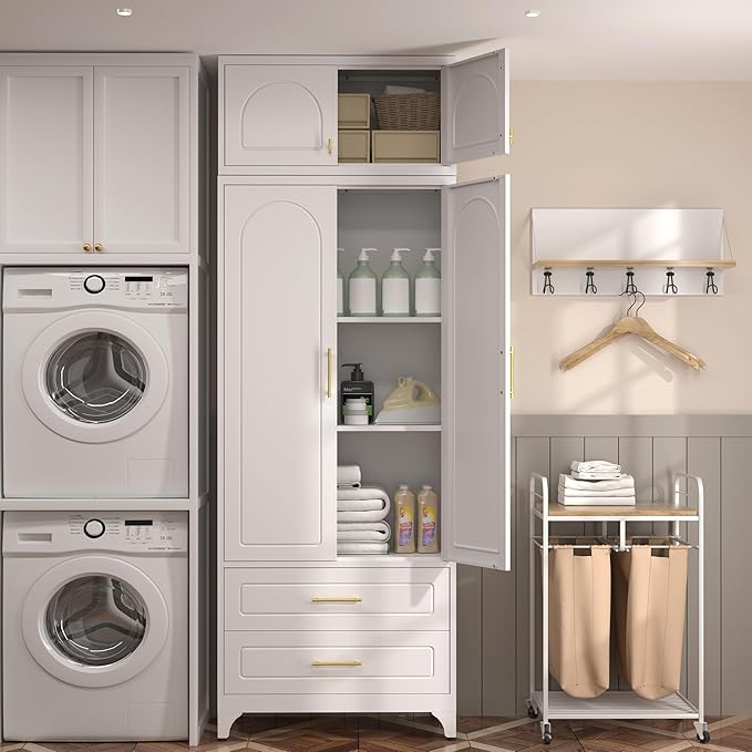 Kitchen Pantry Cabinet，90" Storage Cabinets with Doors and Shelves,Metal Pantry Cabinet with 2 Drawers,White Kitchen Cupboard for Livingroom,Pantry, Bathroom