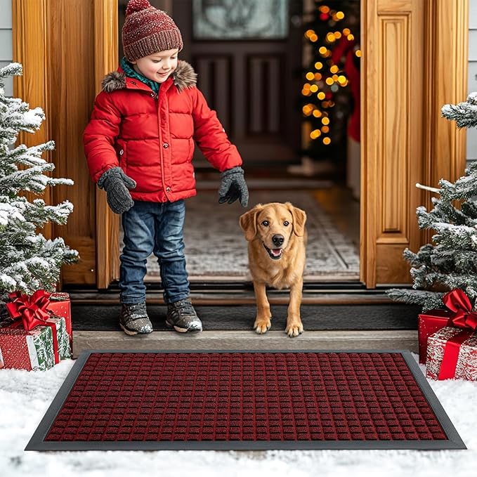 Smiry Front Door Mat Outside Entrance, Heavy Duty Natural Rubber Doormat, Non Slip, Trap Dirt and Moisture, Easy Clean, Low Profile Welcome Floor Mats for Indoor Outdoor Entry, 47x23 Inch, Red
