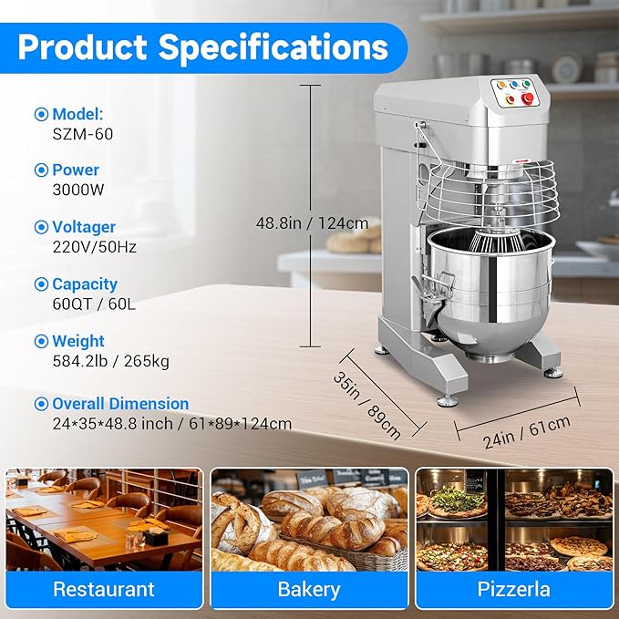 60Qt Commercial Food Mixer, 3500W Heavy Duty Dough Mixer 3-Speeds Adjustable,Electric Commercial Stand Mixer with Stainless Steel Bowl for Kitchenaid Bakery and Pizzeria,220V