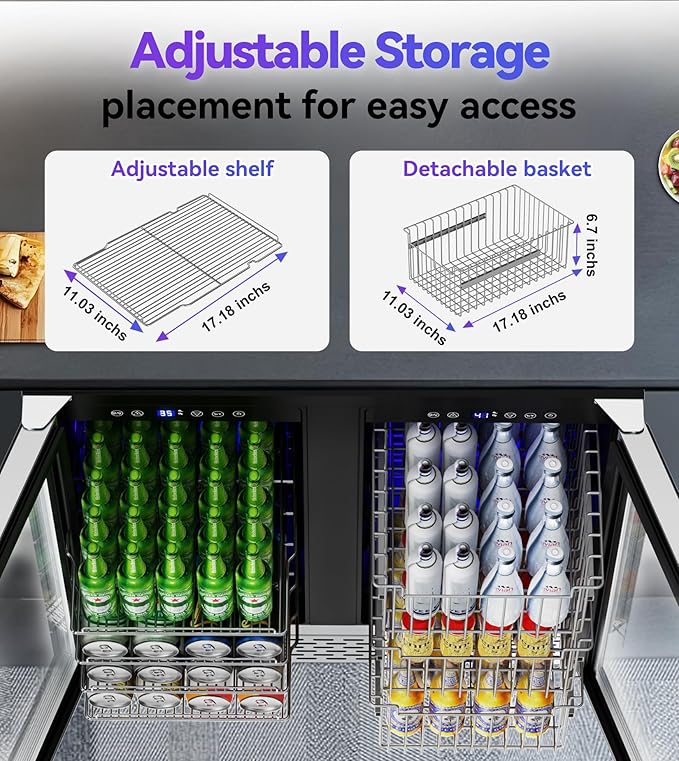 Dual Zone Beverage Refrigerator, 30'' Beverage Fridge with Detachable Basket, Intelligent Control Beverage Cooler with Glass Door Built-in or Freestanding with Blue LED Light, Hold 130 Can 60 Bottle