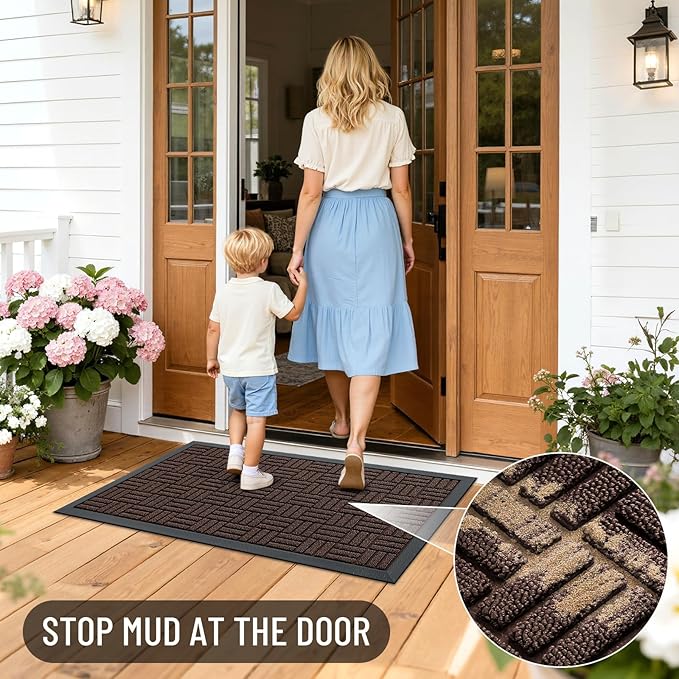 OLANLY Front Door Mat Outside Entrance 35x23, Absorbent, Heavy Duty Sturdy Natural Rubber Doormat Indoor Outdoor, Stain and Fade Resistant, Non-Slip Backing Low Profile Floor Mat for Entryway, Brown