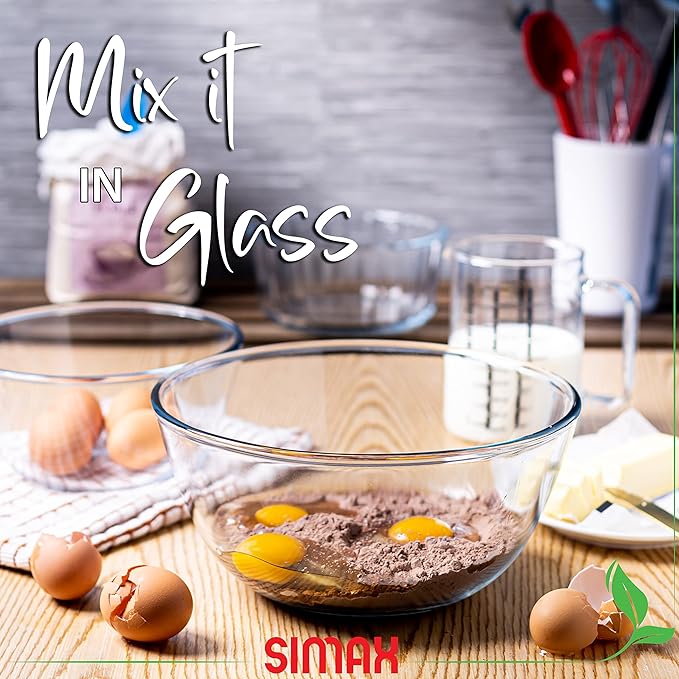 SIMAX Large Glass Mixing Bowl, 3.6 Qt Large Glass Bowl, Oven Safe Bowls, Borosilicate Glass Serving Bowls, Big Clear Glass Mixing Bowls for Cooking, Baking, Salad and Bread