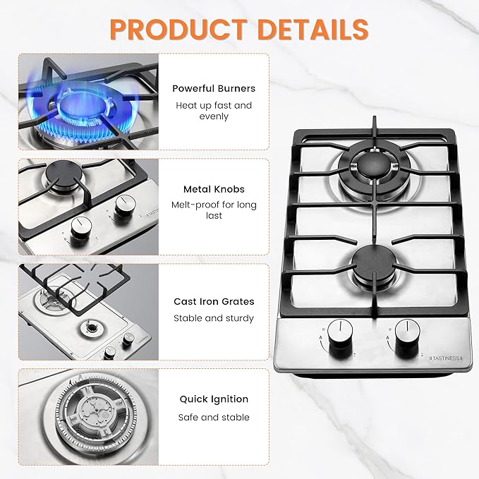 12 Inch Gas Cooktop, Stove Top, Stainless Steel Bulit-in Kitchen Stove, NG/LPG Convertible Gas Stovetop with Thermocouple Protection