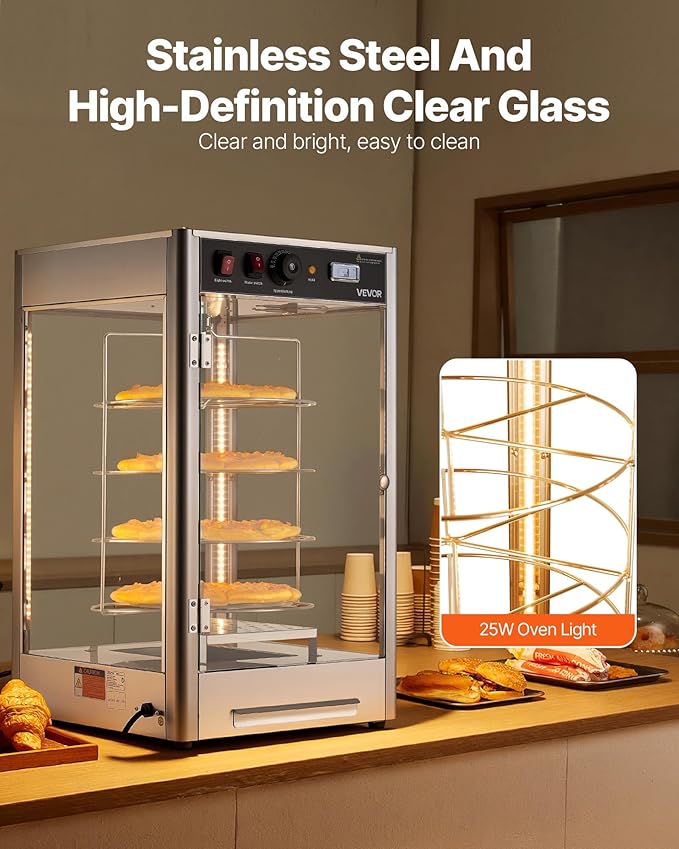 VEVOR Commercial Food Warmer Display, 4-Tier Pizza Warmer with Rotary Steam Heating for 14 in Pizza, 86℉~185℉ Temperature Control and Temp Display, 25W Oven Light + Top LED for Pizza Shop, Restaurant
