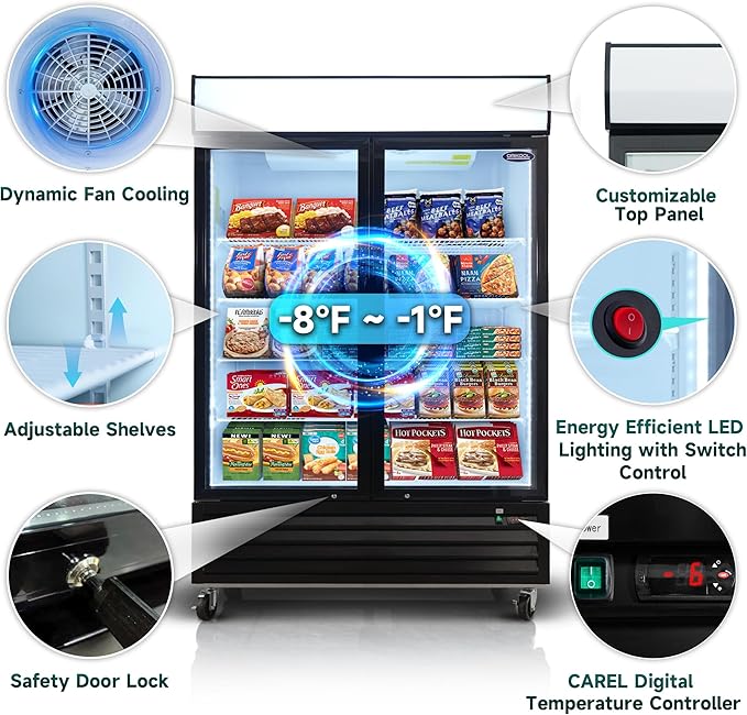 54" Commercial Display Freezer with 2 Glass Door - 44.7 Cu.ft Capacity, Digital Temperature Control, Auto Defrost, Freezer Top Sign, LED Lighting, Energy Efficient for Store & Supermarket
