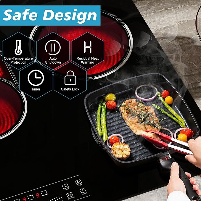5 Burner Electric Cooktop, 30 Inch 8400W Built-in Electric Stovetop, Glass Ceramic Cooktop with Expanded Zone, Slide Touch Control, Child Lock, Timer, Pause, 220V - 240V Hard Wire, No Plug