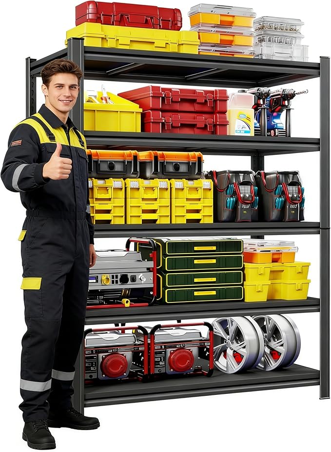 72''H x 40''W Metal Garage Shelving Unit, 5-Tier Garage Storage Shelves Heavy Duty, Adjustable Upgraded Reinforced Double-Layer Columns for Basement, Garage, Pantry Rack, 18''D, Black