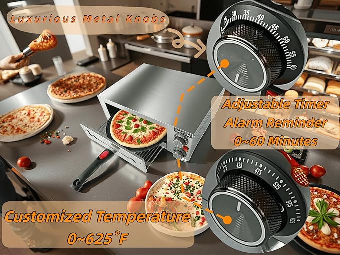 Electric Pizza Oven Indoor, Countertop Pizza Oven with Two 12 inch Baking Trays, Oven Mitts,Commercial Pizza Maker for Home, Stainless Steel Pizza Cooker with Visual Window, Removable Handle