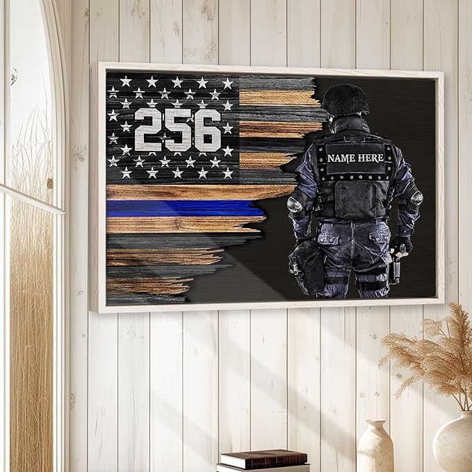 Custom Police Thin Blue Line Gifts For Policeman, First Responder Personalized Name Number Poster & Framed Canvas, Wall Art Home Office Decoration Living Room Bedroom Aesthetic Decor