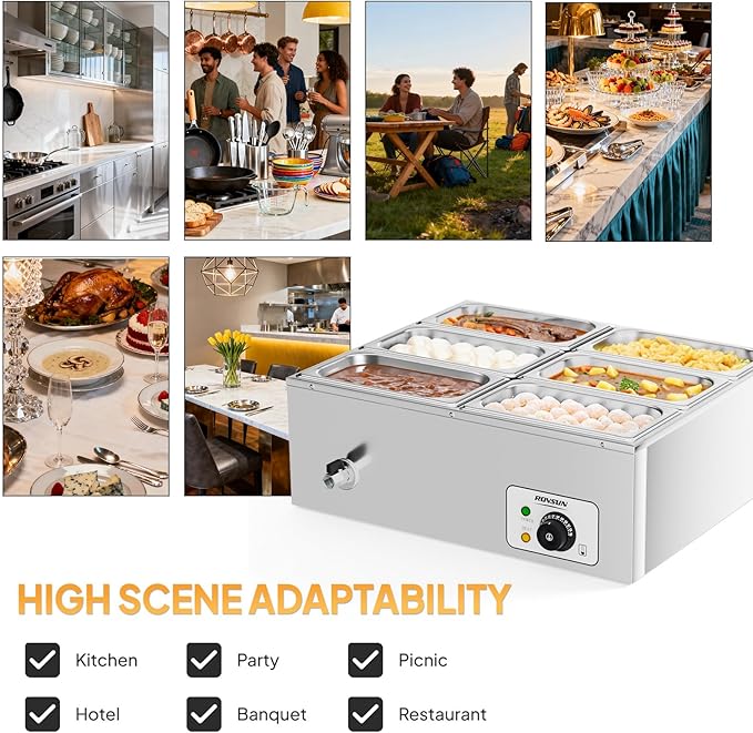 ROVSUN 42.3QT 1200W Electric Commercial Food Warmer, 6-Pan Steam Table 6.9 QT/Pan Stainless Steel Bain Marie Buffet Countertop with Temperature Control & Lid for Parties, Catering, Restaurants 110V
