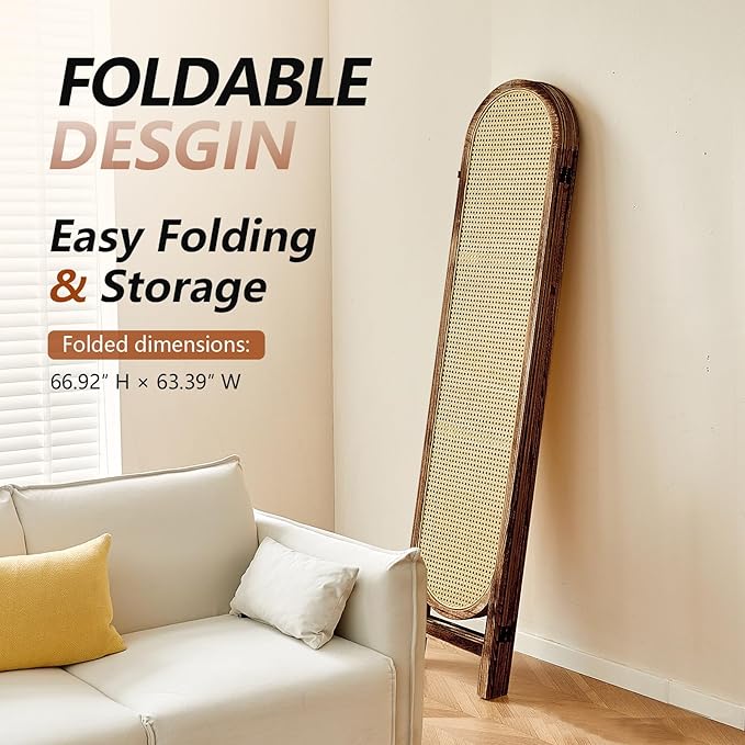 6 Panel Room Divider, Hand-Woven Rattan Room Divider Screen, Folding Privacy Screens with Double Hinges, Wooden Freestanding Wall Divider for Room Separation Bedroom Home Office - Brown