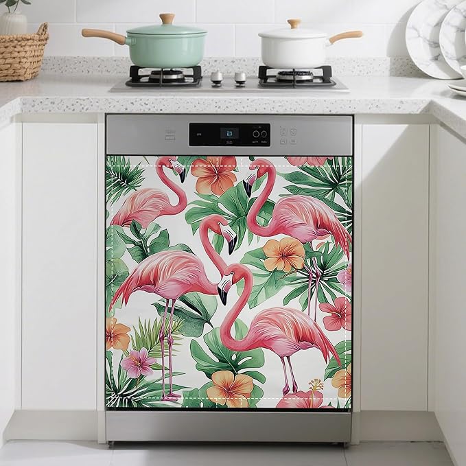 Pink Flamingo Magnetic Dishwasher Cover,Floral Plam Dishwasher Covers for The Front Magnetic Dishwasher Panel Decal Cover for Kitchen 23x26inch