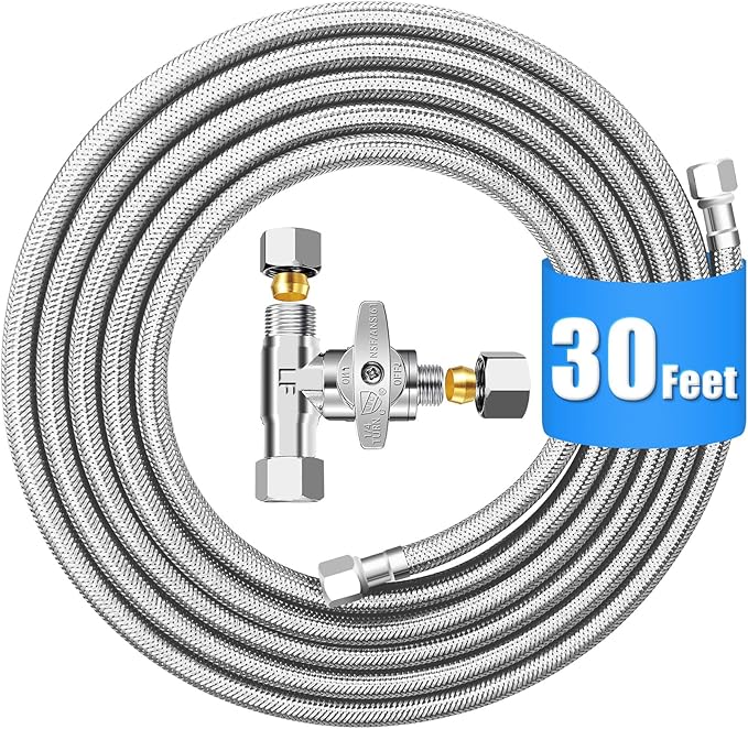 Fridge Water Line Kit - 30FT Premium Stainless Steel Braided Refrigerator Water Line with Tee Stop Valve,Foodgrade PEX Inner Tube Ice Maker Water Line with 1/4" Fittings for Refrigerator Ice Maker