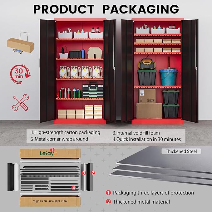 Letaya Metal Storage Cabinets with Lock, 72" Tall Locker Organizer Steel Cabinets, Adjustable Layers Shelves 2 Doors for Home, Office, Warehouse,Garage(Black Red)